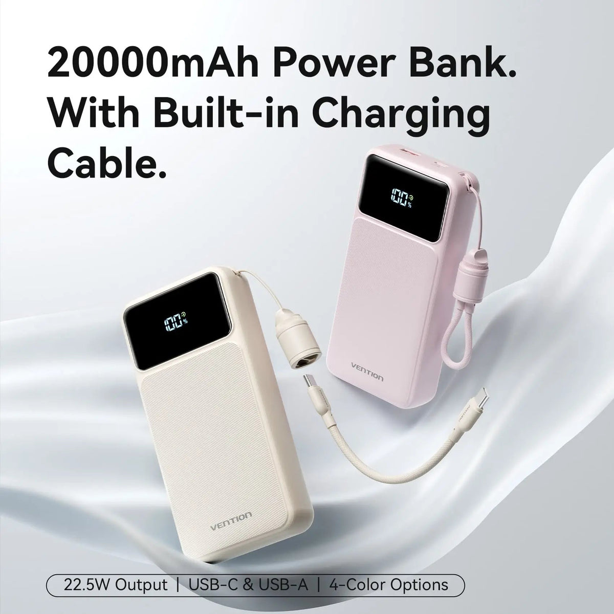Vention 20000mAh Power Bank (USB-C + USB-A) with Built-in Cable 22.5W