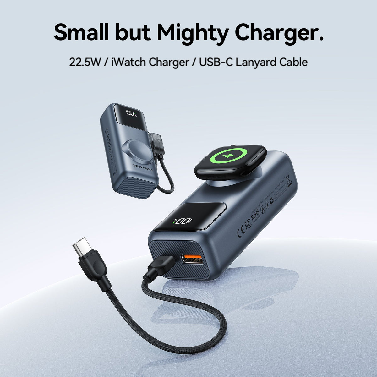 Vention Mini 10000mAh Power Bank (USB-C + USB-A) with Built-in USB-C Cable and Apple Watch Charging Area 22.5W Gray LED Display Type