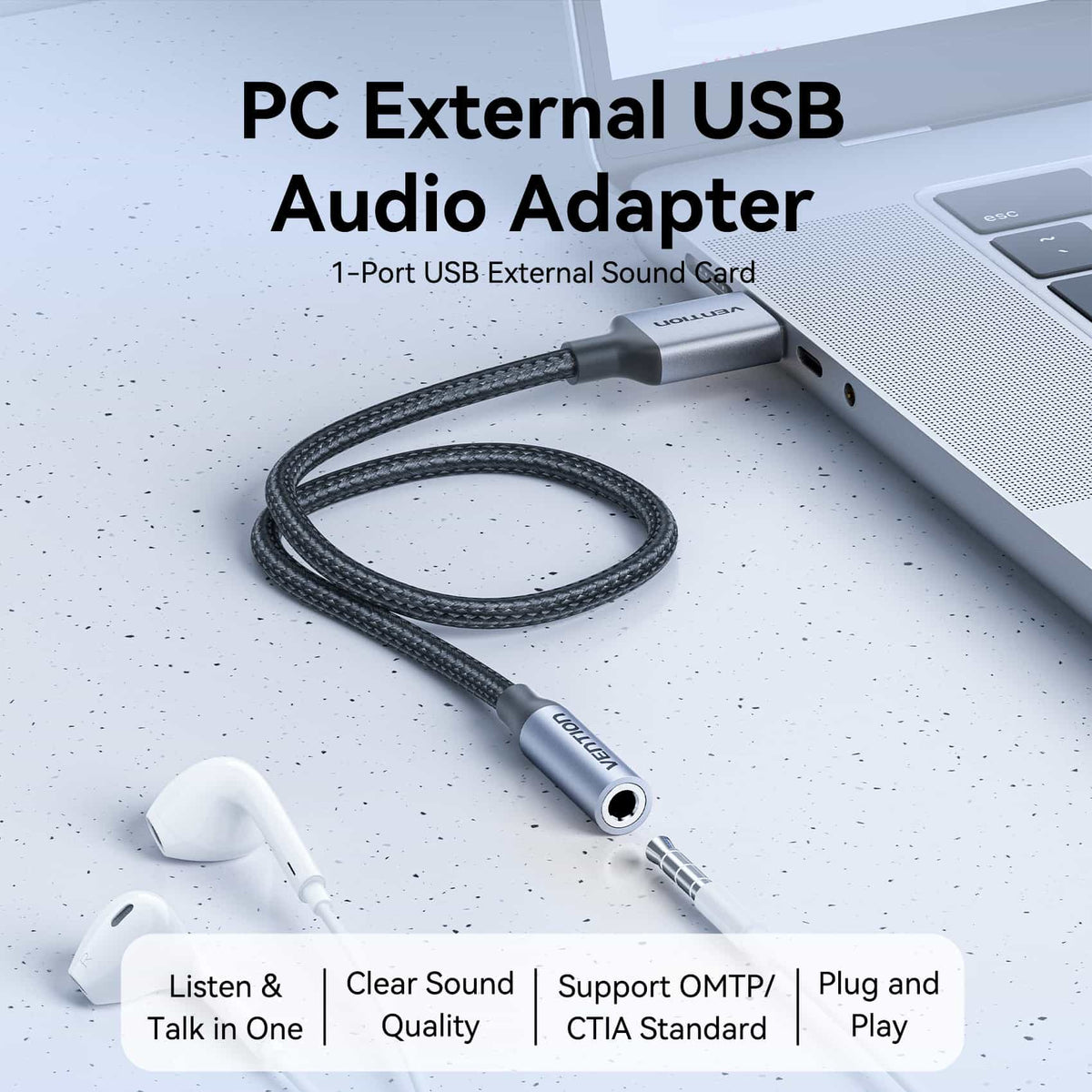 Vention 1-Port USB External Sound Card 0.25M Gray