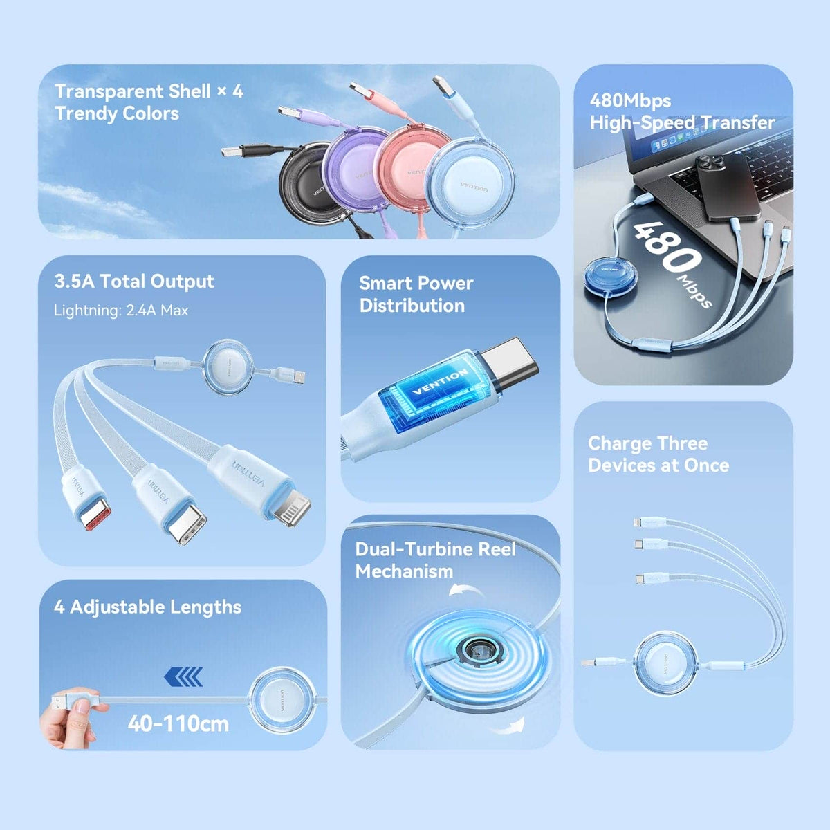 Vention 3-in-1 USB 2.0 Retractable Charging Cable