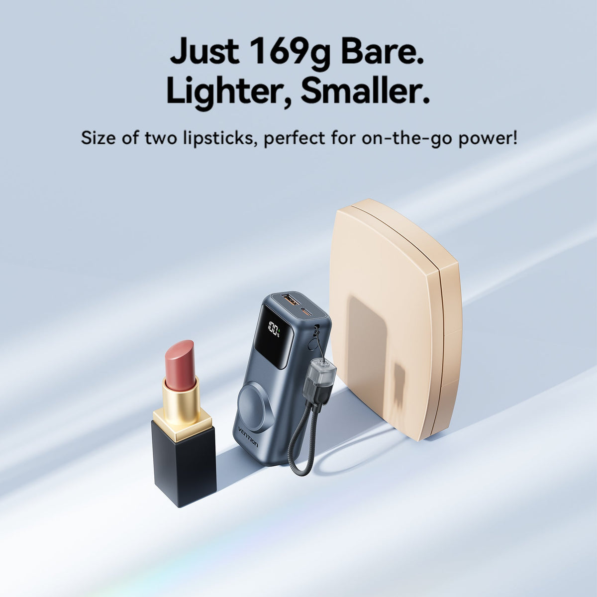 Vention Mini 10000mAh Power Bank (USB-C + USB-A) with Built-in USB-C Cable and Apple Watch Charging Area 22.5W Gray LED Display Type