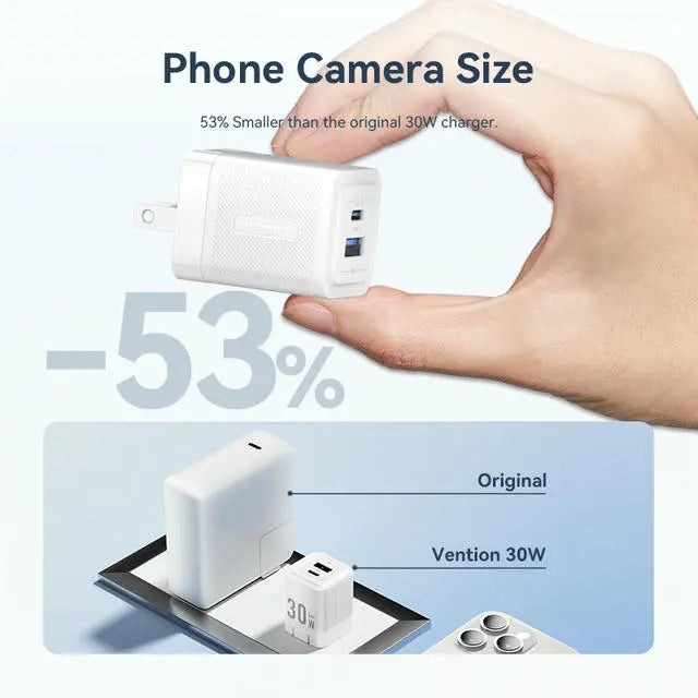 Vention 2-Port USB (C + A) GaN Charger (30W/30W) US Plug