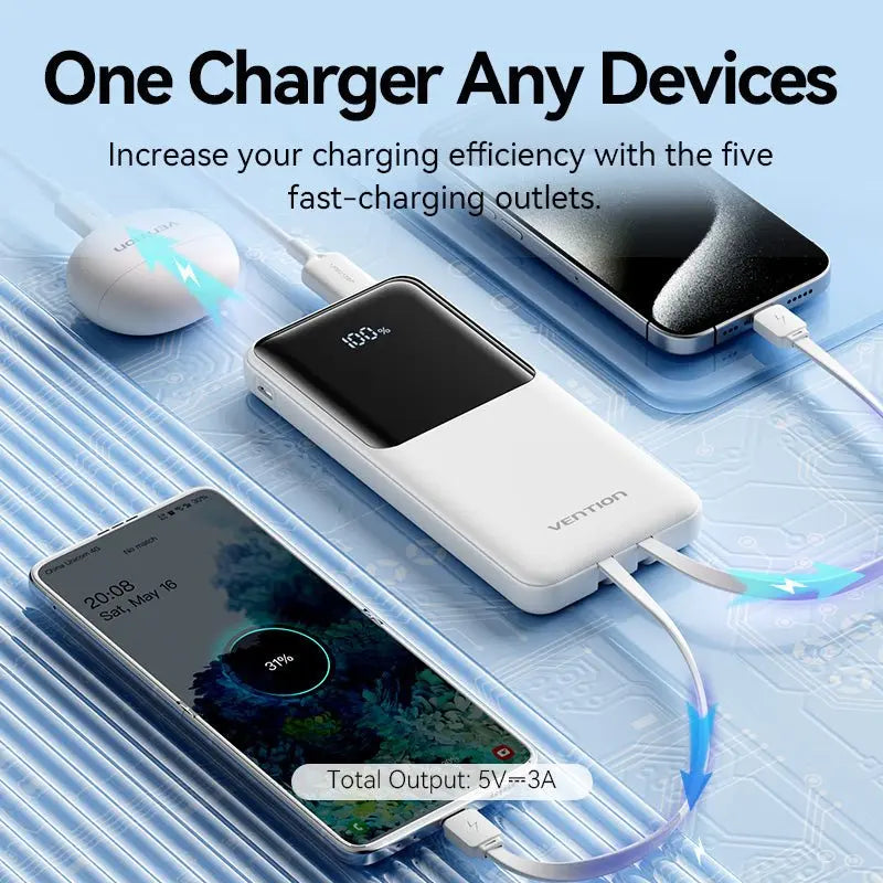 Vention 10000mAh Power Bank with Built-in USB-C and Lightning Cables 22.5W Black LED Display Universal Type