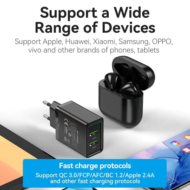 Vention 2-Port USB(A+A) Wall Charger (18W/18W) EU-Plug