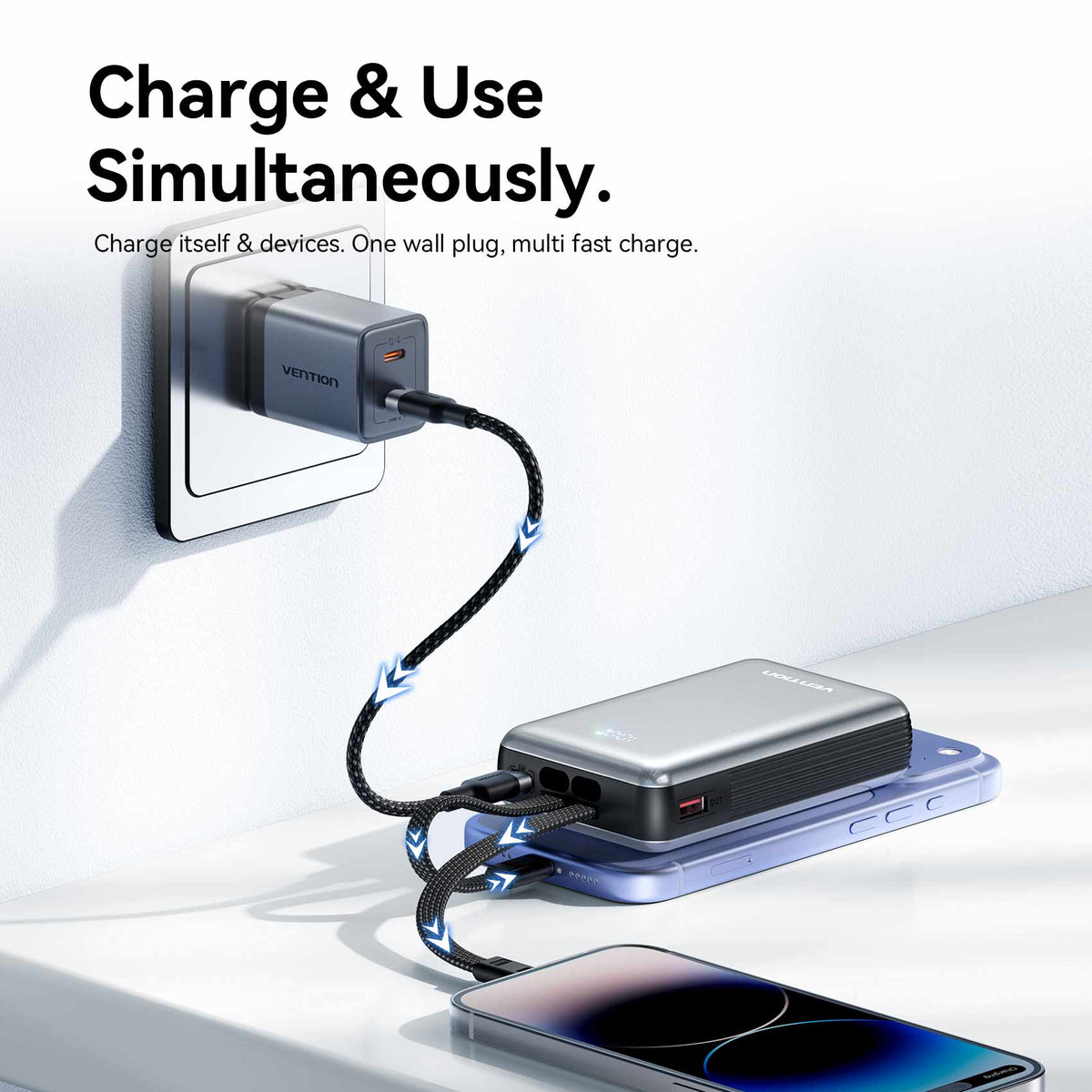 Vention 20000mAh Power Bank with Built-in USB-C and Lightning Cables 35W