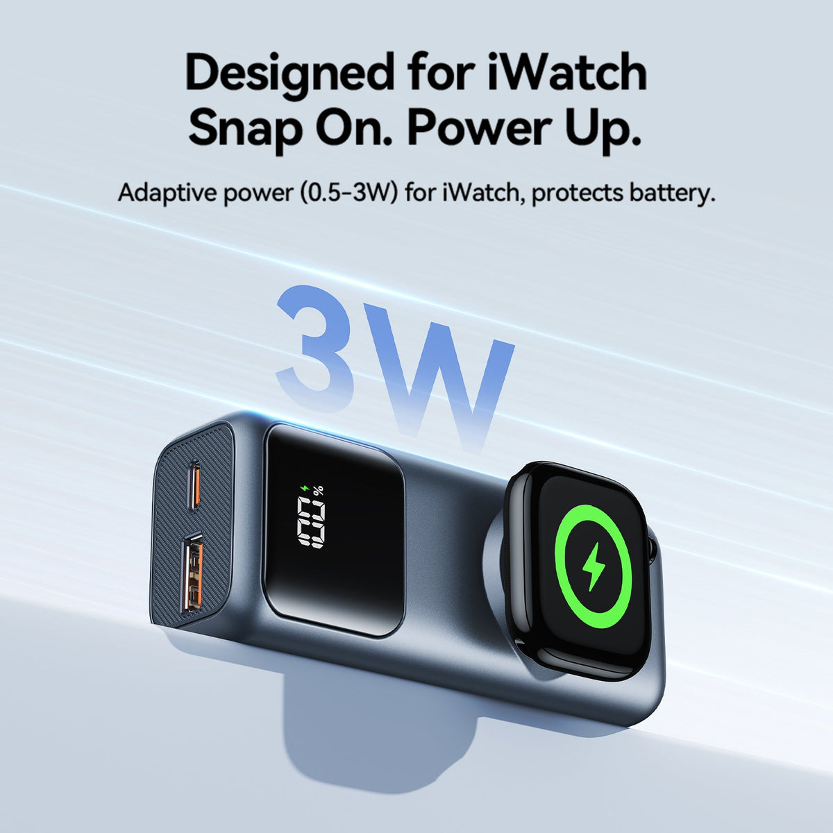 Vention Mini 10000mAh Power Bank (USB-C + USB-A) with Built-in USB-C Cable and Apple Watch Charging Area 22.5W Gray LED Display Type