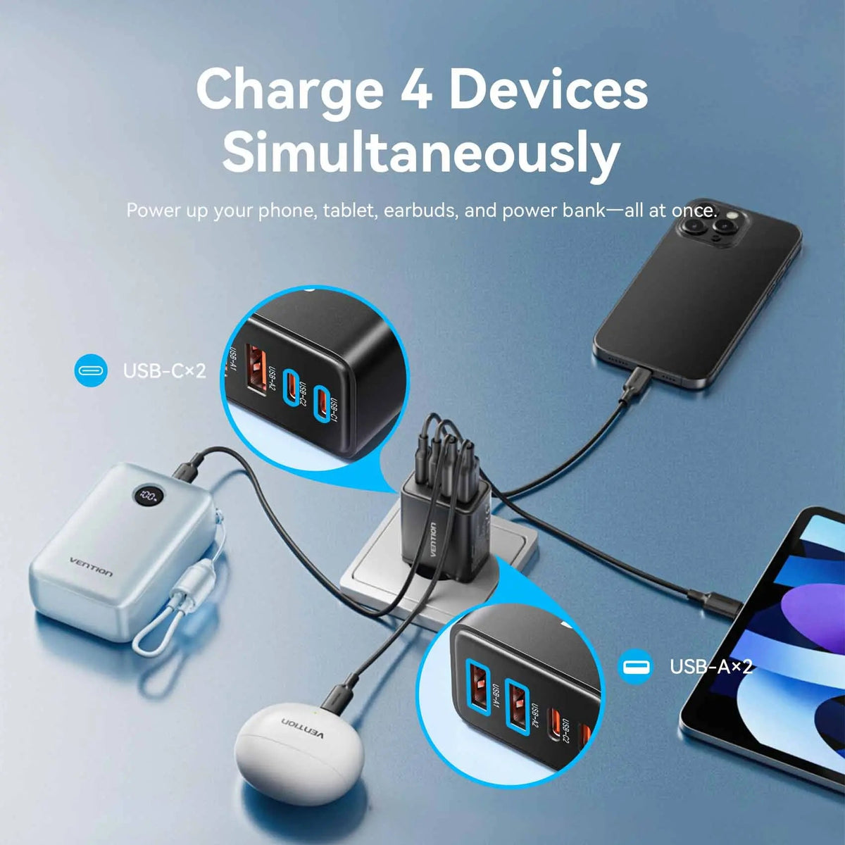 Vention 4-Port USB (C + C + A + A) GaN Charger (30W/20W/18W/18W) EU-Plug