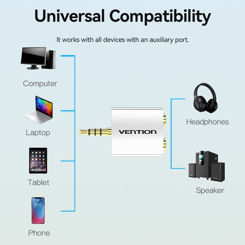 Vention 4 Pole 3.5mm Male to 2*3.5mm Female Audio Adapter Silvery Metal Type