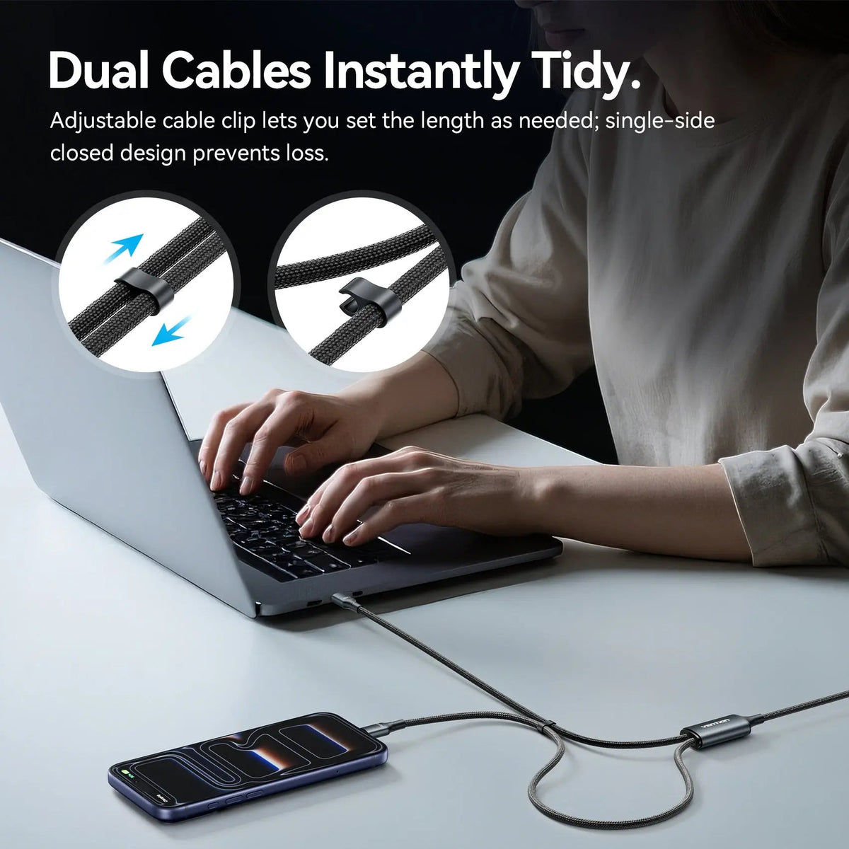 Vention USB 2.0 Type-C Male to 2 Type-C Male 5A Cable Black Aluminum Alloy Type