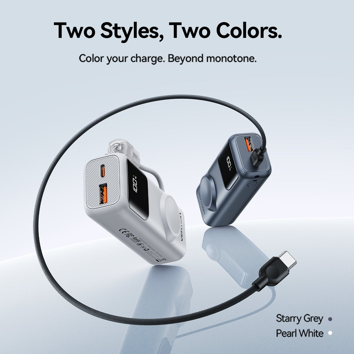 Vention Mini 10000mAh Power Bank (USB-C + USB-A) with Built-in USB-C Cable and Apple Watch Charging Area 22.5W Gray LED Display Type