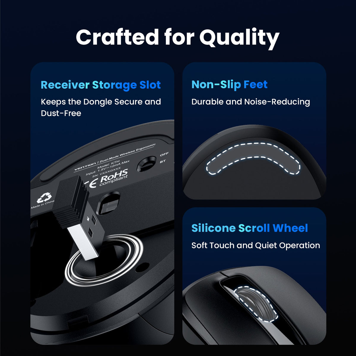 Vention 6-Button 2.4GHz Wireless Ergonomic Mouse Black Silent Type