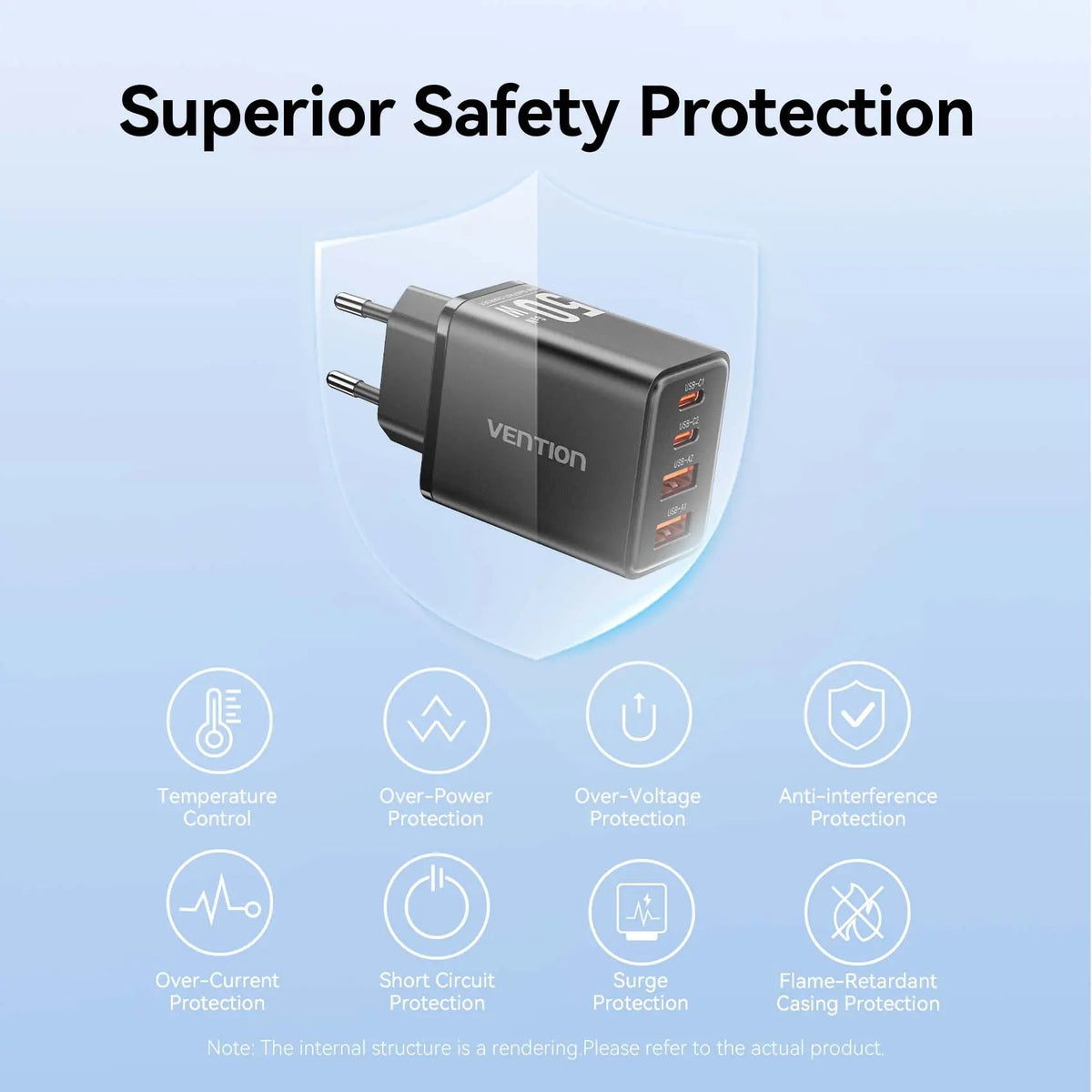 Vention 4-Port USB (C + C + A + A) GaN Charger (30W/20W/18W/18W) EU-Plug