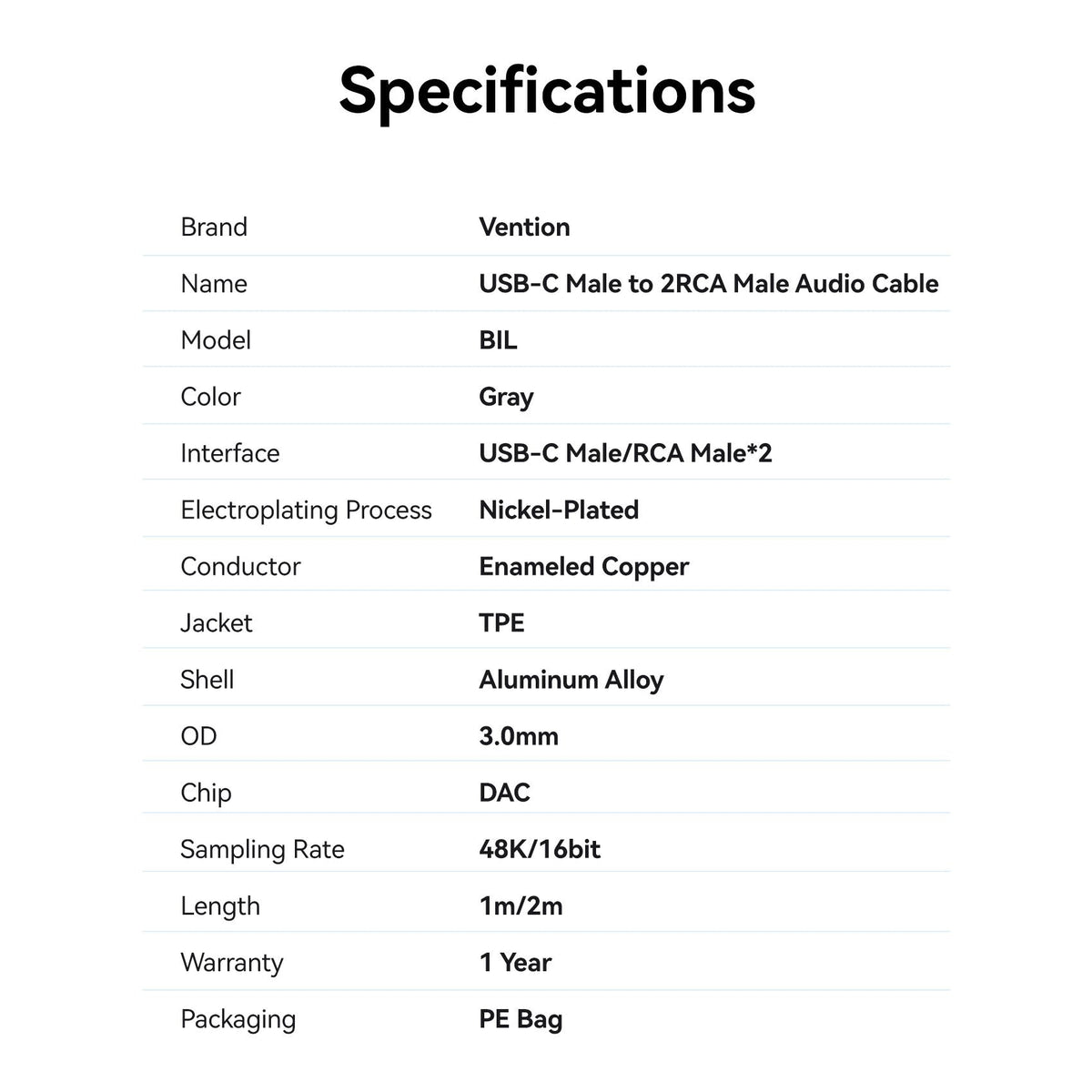 Vention USB-C Male to 2RCA Male Audio Cable