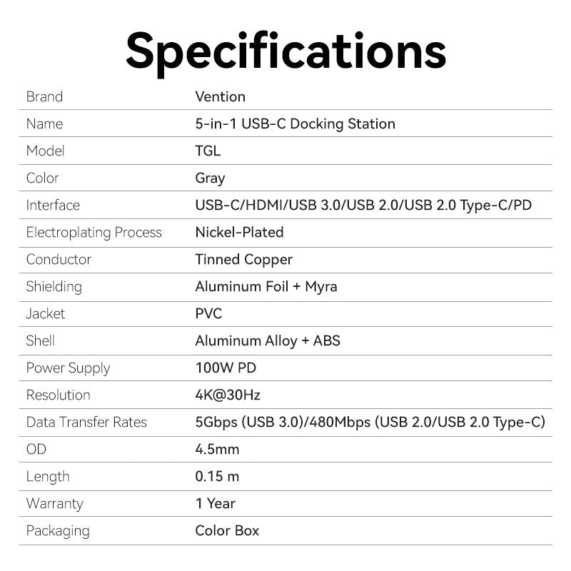 Vention USB-C to HDMI™ + USB 3.0 + USB 2.0 + USB 2.0 Type-C + PD Docking Station