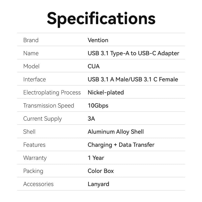 Vention USB 3.1 Type-A Male to USB-C Female Adapter with Lanyard Gray Aluminum Alloy Type