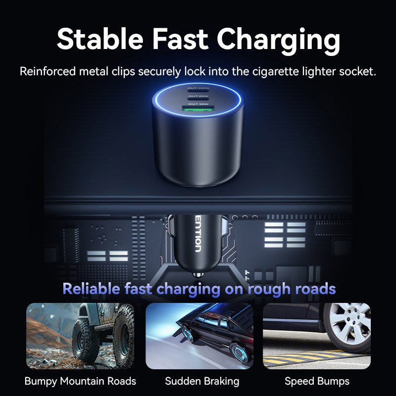 Vention Three-Port USB C+C+A (100W+65W+30W) Car Charger Black ABS Type