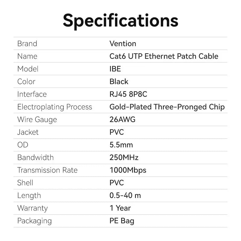 Vention Cat.6 UTP Patch Cable Black