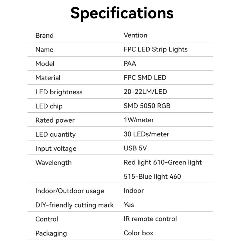 Vention RGB FPC LED Strip Lights with IR Remote and USB 5V Power Supply