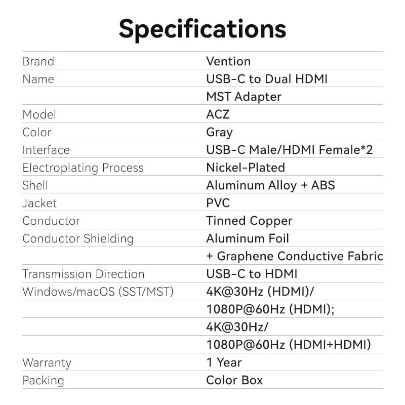 Vention USB-C to Dual HDMI™ MST Adapter