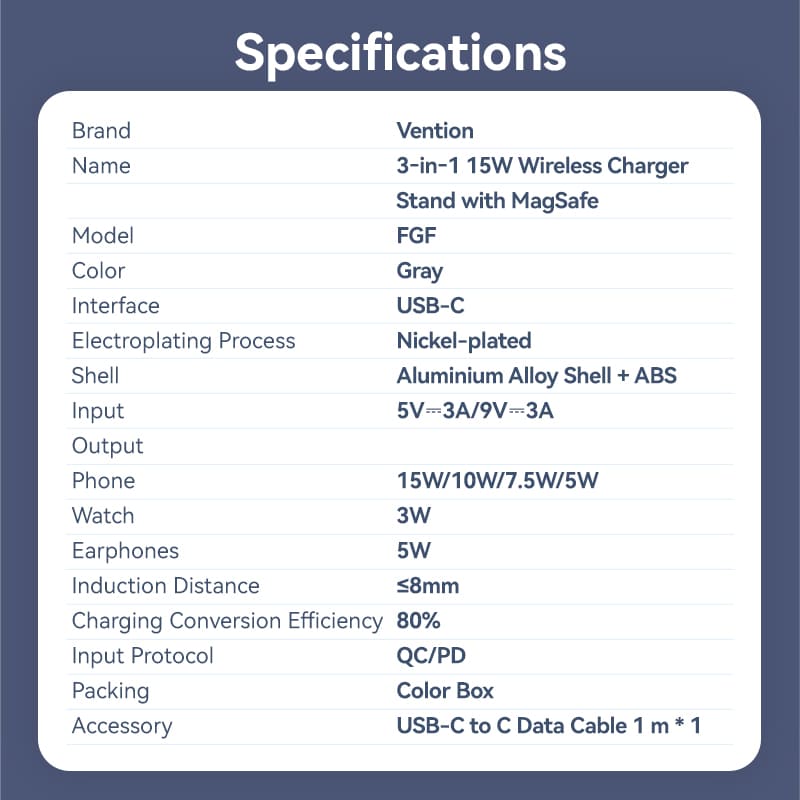 Vention 3‑in‑1 15W Wireless Charger Stand with MagSafe Gray