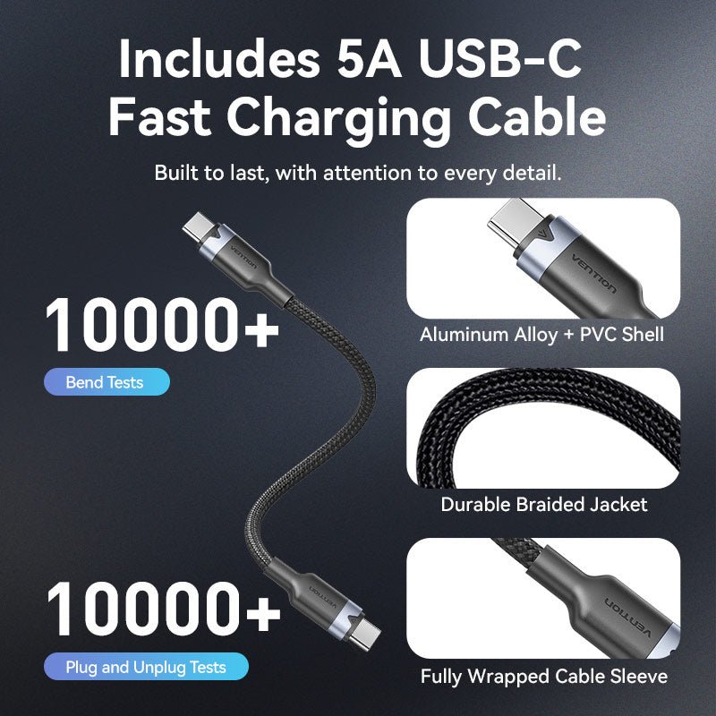 Vention 2-Port USB (C + C) GaN Charger (45W/45W) Gray with USB-C to USB-C Cable (1M) Black EU-Plug