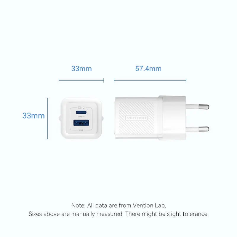 Vention 2-Port USB (C+A) GaN Charger (30W/30W) EU-Plug