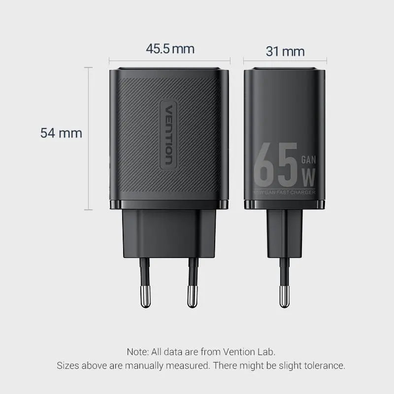 Vention 3-Port USB (C+C+A) GaN Charger (65W/65W/60W) EU-Plug