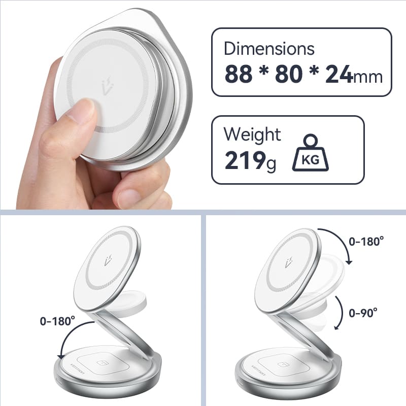 Vention 3-in-1 15W Wireless Charger Stand with MagSafe Silver