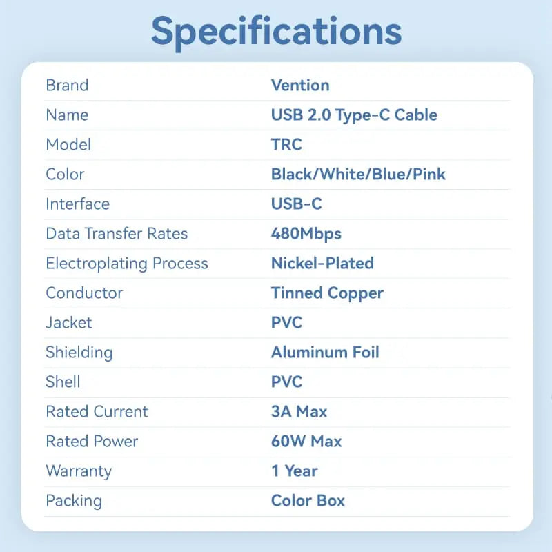 Vention USB 2.0 Type-C Male to Type-C Male 3A Cable PVC Type