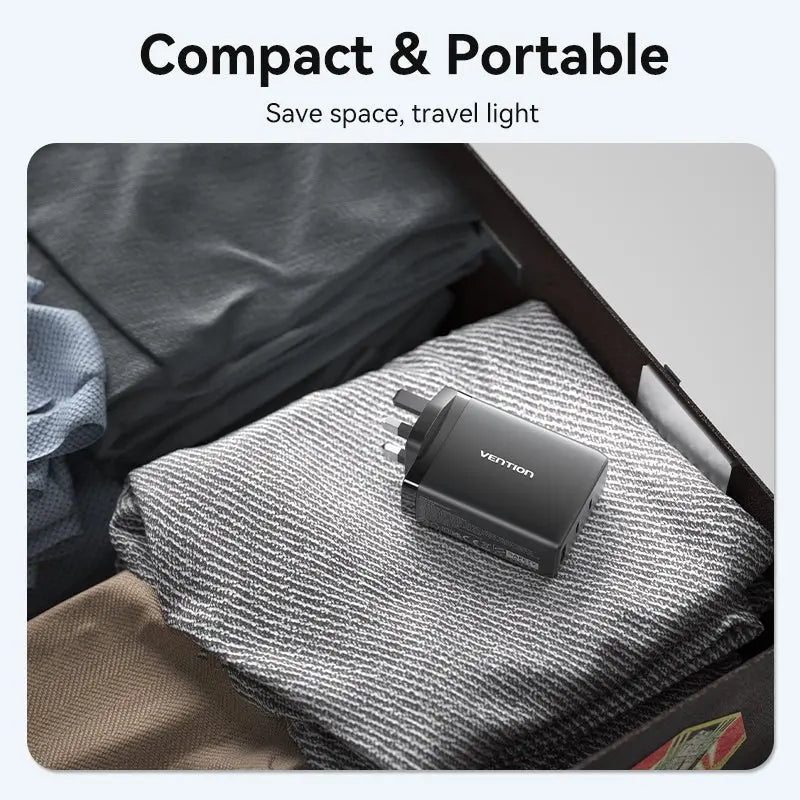 Vention 3-Port USB (C+C+A) GaN Charger (100W/65W/30W) UK-Plug