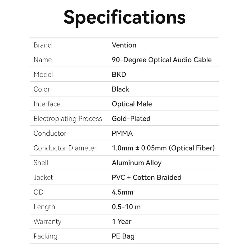 Vention 90-Degree Optical Audio Cable 0.5/1/1.5/2/3/5/10M Black Aluminum Alloy Type