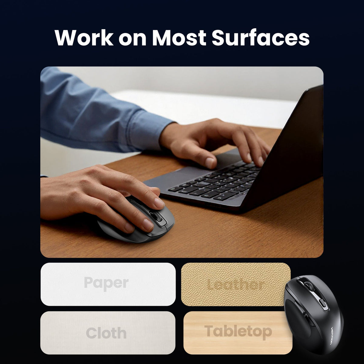 Vention 6-Button 2.4GHz + Bluetooth 5.1 Wireless Ergonomic Mouse Black Silent Type