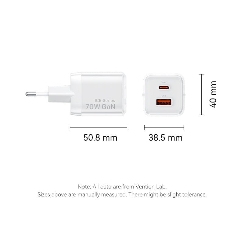 Vention 2-Port USB (C + A) GaN Charger (70W/22.5W) EU-Plug Transparent Gray