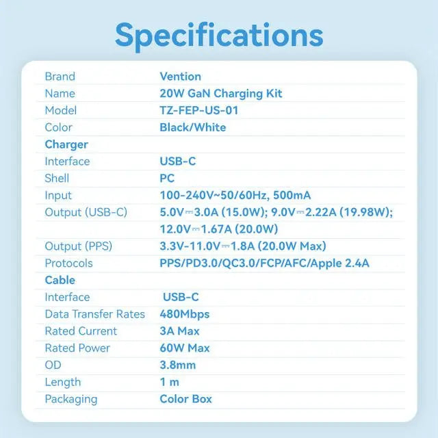 Vention 1-Port USB-C GaN Charger (20W) with USB-C to USB-C Cable (1M) US Plug