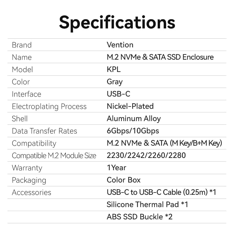 Vention M.2 NVMe & SATA SSD Enclosure (USB 3.2 Gen 2-C) with Heat Sink Gray Aluminum Alloy Type
