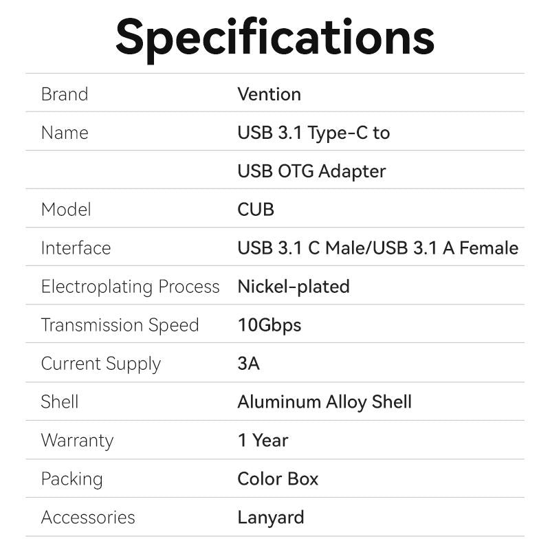 Vention USB 3.1 Type-C Male to USB Female OTG Adapter with Lanyard Aluminum Alloy Type