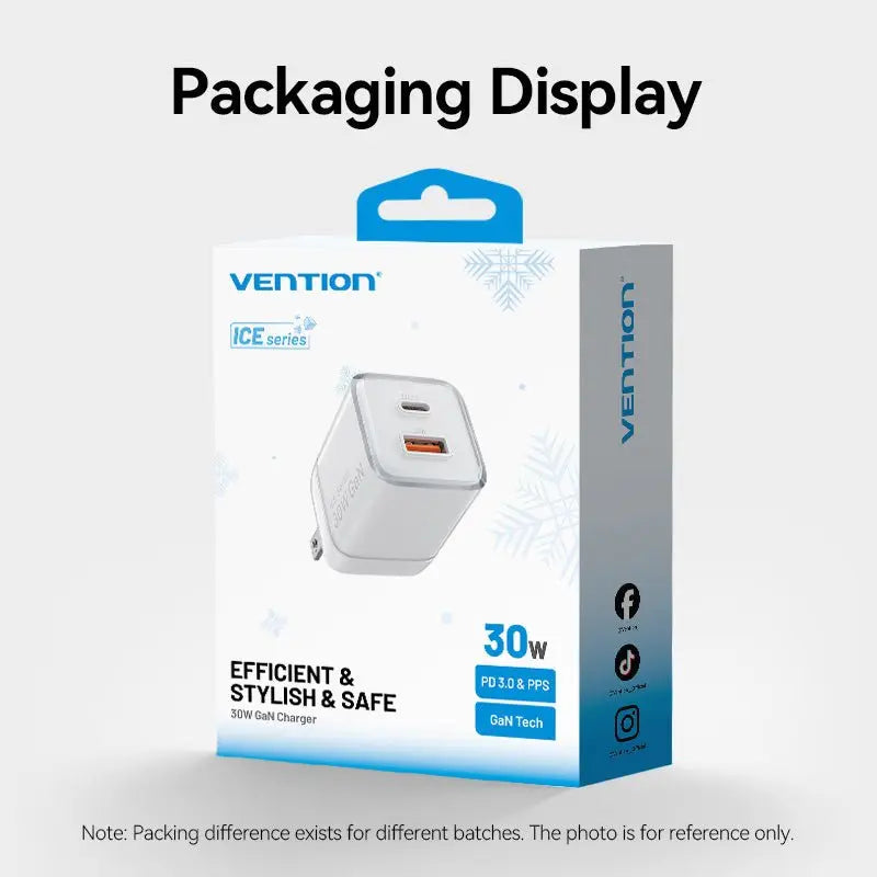 Vention 2-Port USB (C + A) GaN Charger (30W/30W) US-Plug