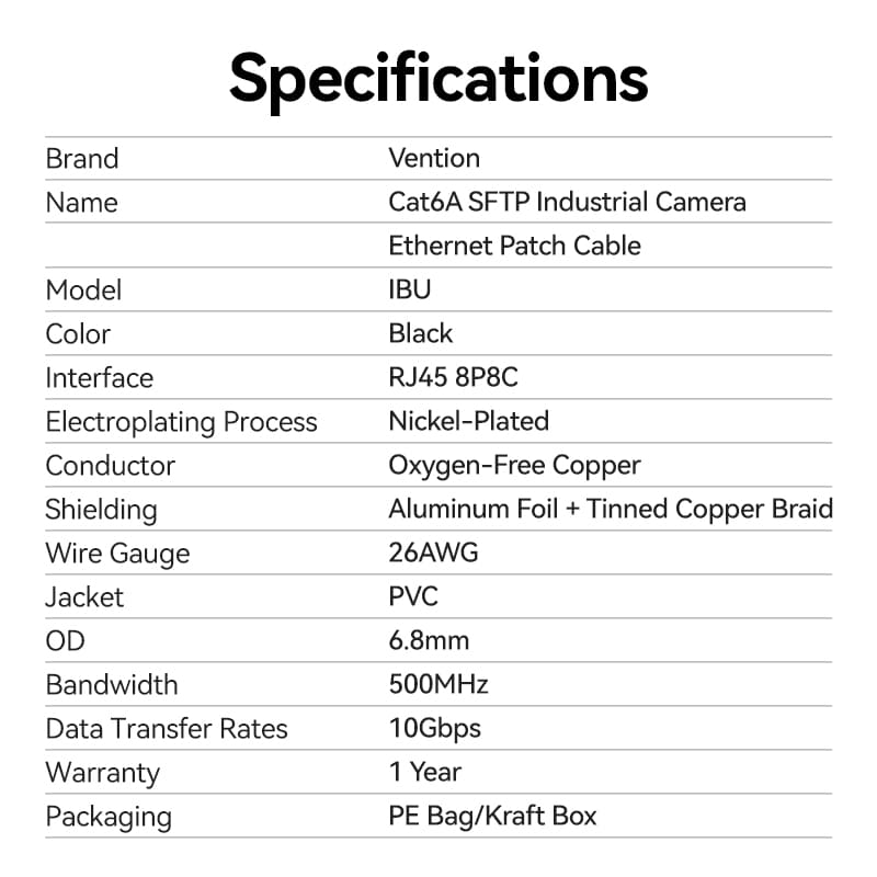 Vention Cat6A SFTP Industrial Camera Ethernet Patch Cable