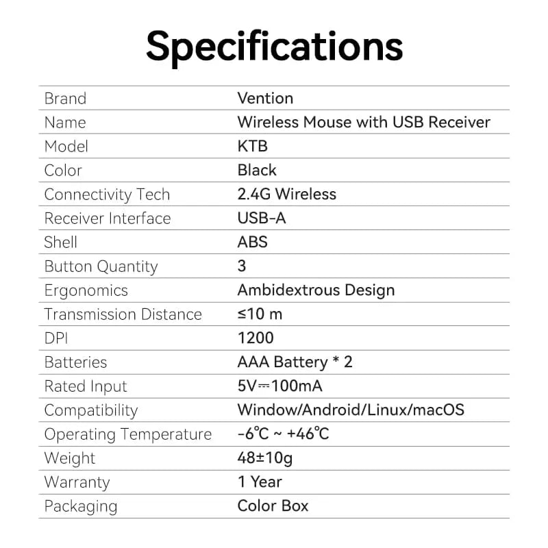 Vention 3-Button Wireless Computer Mouse with USB Receiver Black