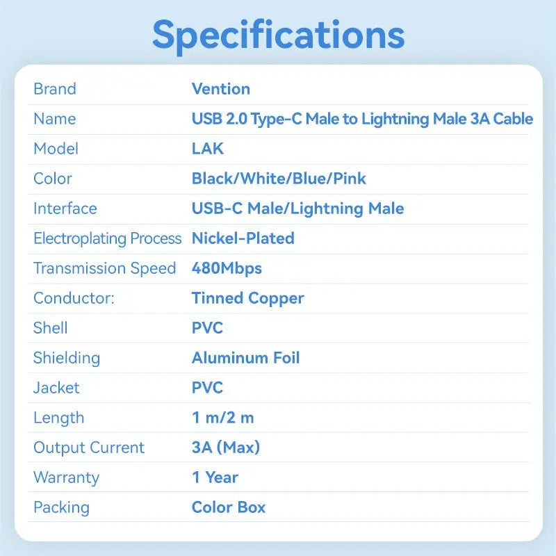 Vention USB 2.0 Type-C Male to Lightning Male 3A Cable PVC Type