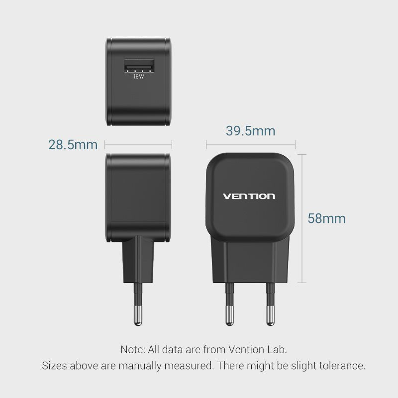Vention 1-Port USB Wall Charger (18W) EU-Plug Black
