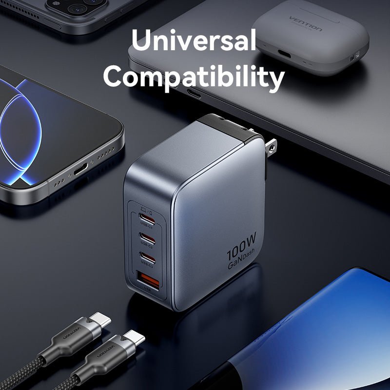 Vention 4-Port USB (C + C + C + A) GaN Charger (100W/100W/30W/30W) UK-Plug Gray