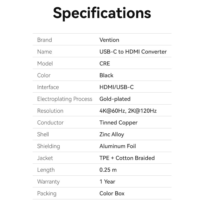 Vention Cotton Braided USB-C to HDMI™ 4K Converter 0.25M Black Zinc Alloy Type