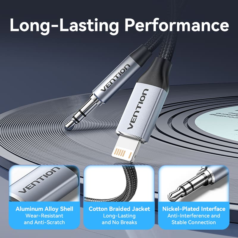 Vention Cotton Braided Lightning Male to 3.5MM Male Cable Aluminum Alloy Type