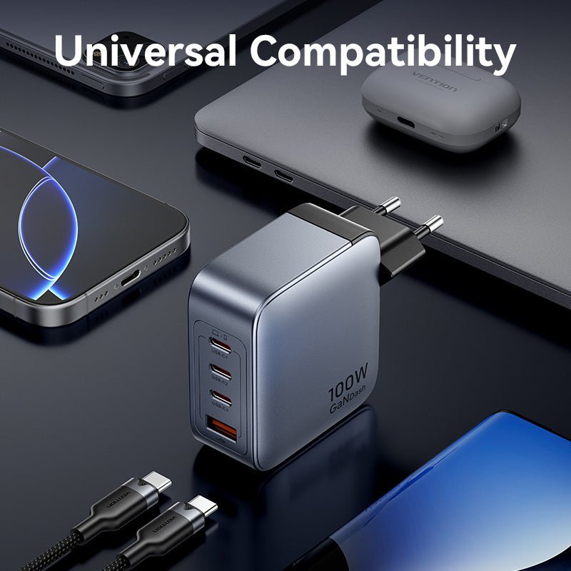 Vention 4-Port USB (C + C + C + A) GaN Charger (100W/100W/30W/30W) Gray with USB-C to USB-C Cable (1M) Black EU-Plug