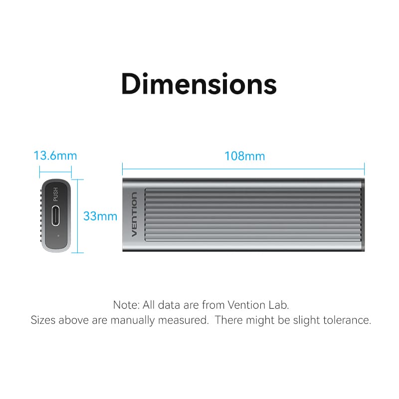 Vention M.2 NVMe & SATA SSD Enclosure (USB 3.2 Gen 2-C) with Heat Sink Gray Aluminum Alloy Type