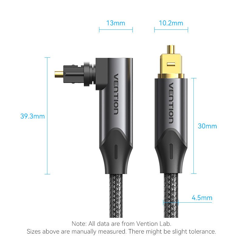 Vention 90-Degree Optical Audio Cable 0.5/1/1.5/2/3/5/10M Black Aluminum Alloy Type
