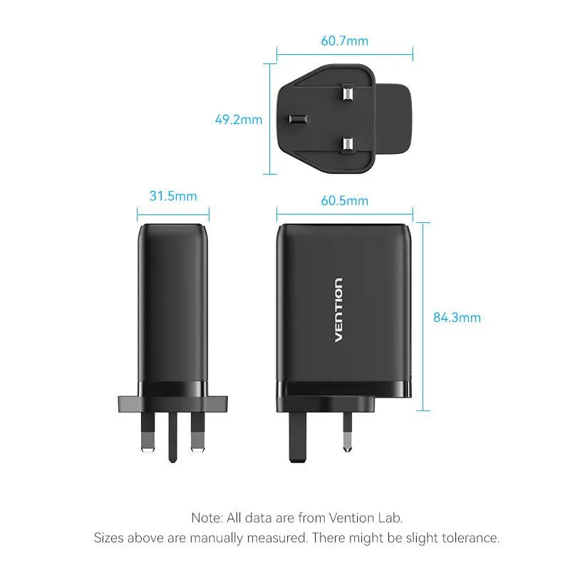 Vention 3-Port USB (C+C+A) GaN Charger (100W/65W/30W) UK-Plug