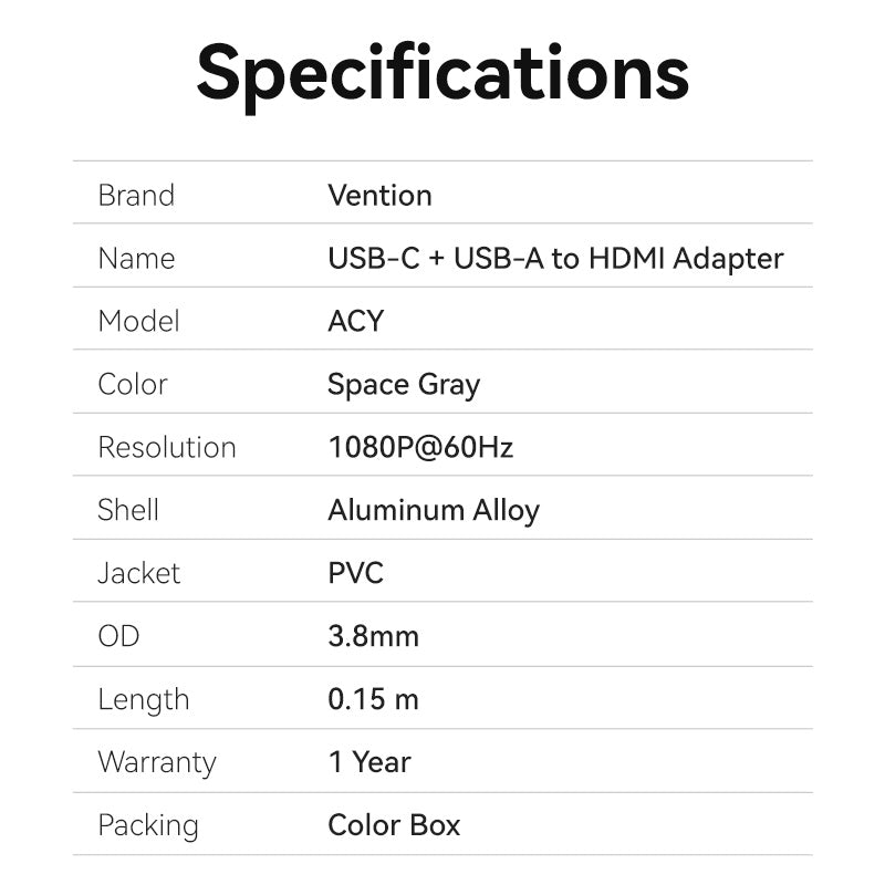 Vention USB-C + USB-A to HDMI™ Adapter 0.15M Gray Aluminium Alloy Type