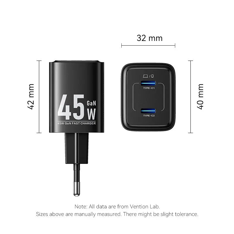 Vention 2-Port USB (C + C) GaN Charger (45W/45W) EU-Plug Black